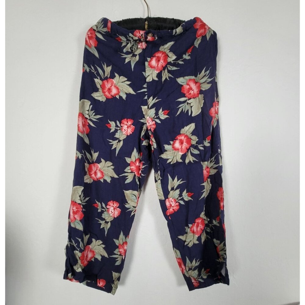 Caribbean Joe Womens Floral Print Cropped Pants Medium Blue/Red Straight Leg